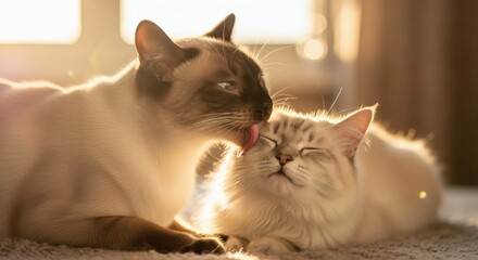 Loving Siamese cat grooms Birman in sunlight Affection with friendship.