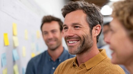Man smiling at camera with colleagues in office meeting room.