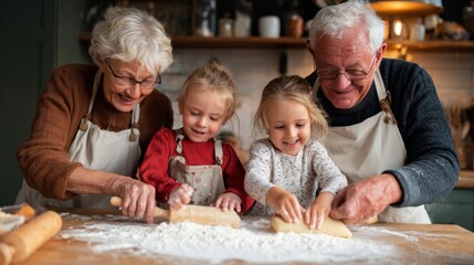 Older couple and children baking together in a kitchen.