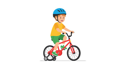 Obraz premium Joyful young boy with helmet riding a bicycle on a sunny day, learning to cycle with training wheels, enjoying outdoor activity
