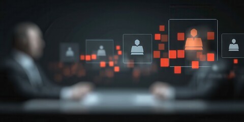 Obraz premium Futuristic glass courtroom with holographic Judge overseeing Plaintiff and lawyer presenting evidence about justice punishment and shared responsibility