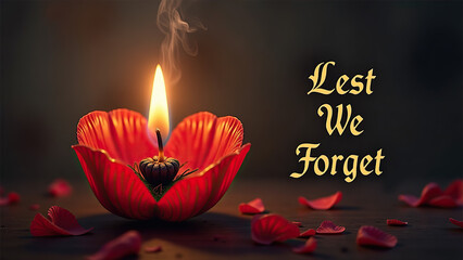 Red poppy-shaped candle burning softly with petals scattered around and the words "Lest We Forget"