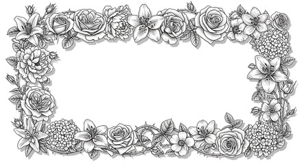 Elegant Floral Frame - Roses, Lilies, and Chrysanthemums in Monochrome.