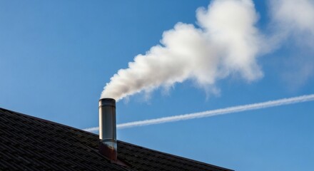 Smoke signal Winter chimney releases fumes to clear blue sky.