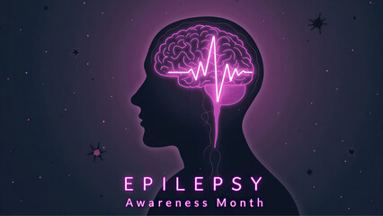 Awareness campaign for Epilepsy Month with brain and heartbeat illustration on dark background