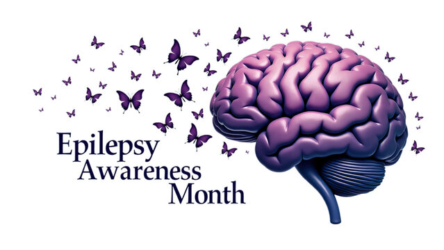 Epilepsy awareness brain graphic with butterflies for Epilepsy Awareness Month on an isolated background 