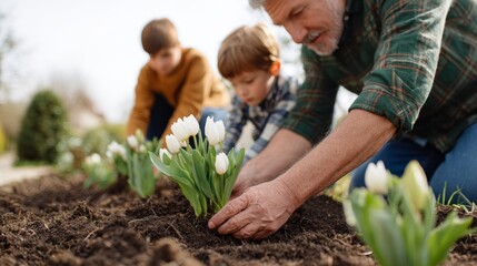 Man planting tulips in garden with family.