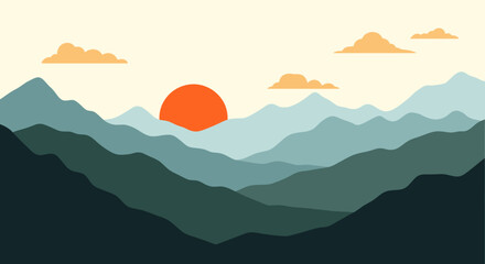 Retro Mountain Sunset Vintage Landscape Illustration