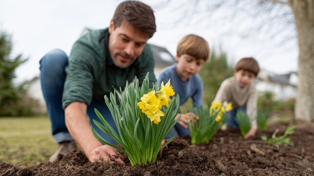 Man, child, tulips, planting, garden, family time, outdoor activity, springtime, father, son - Powered by Adobe