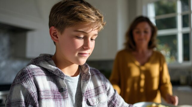 Boy, mother, kitchen, mealtime, family time