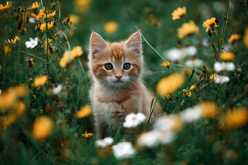 a small kitten sitting in a field of flowers