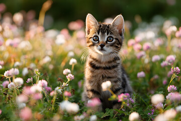 a kitten sitting in a field of flowers