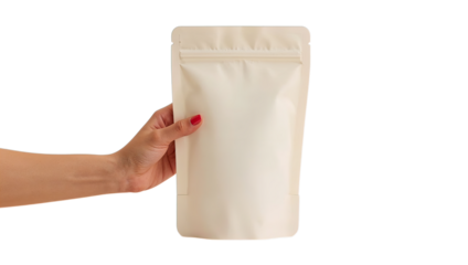 Transparent Cutout of a Fair skinned Hand Holding a Blank Light colored Stand up Pouch, Showcasing Minimalist Packaging Design for Mockups