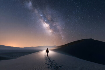 Obraz premium Individual walking on sandy desert dunes under a starry night sky, with the Milky Way visible, creating a serene and contemplative atmosphere in the vast landscape