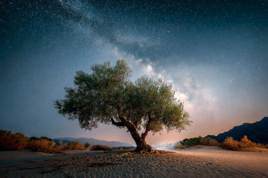 Majestic olive tree stands alone in a serene desert landscape under a starry night sky, showcasing the beauty of nature and tranquility in a vast open space