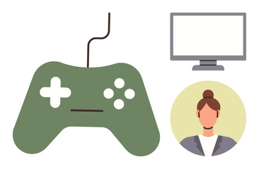 Green gaming controller with buttons and cord, a blank monitor screen, and a female avatar. Ideal for gaming, entertainment, technology, virtual connection, hobbies, esports and streaming concepts