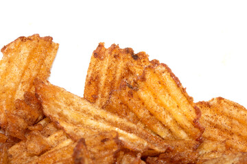 Close up of fresh crinkle cut seasoned crisps snack