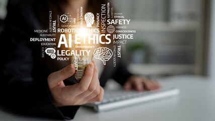 Conceptual image depicting the relationship between technology and ethics, featuring a hand holding a coin and keywords related to robotics, legality, and safety in a modern context. Tessel