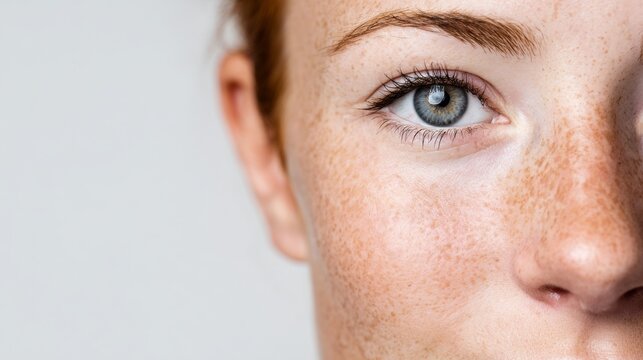 Woman with blue eyes and freckles.
