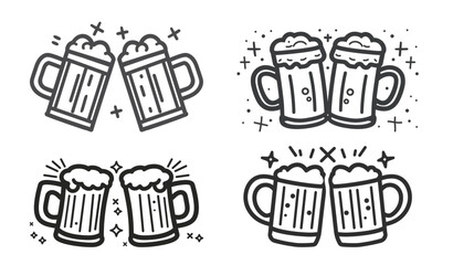 Black and white outline icon of beer mugs clinking, minimalist drinking celebration vector illustration