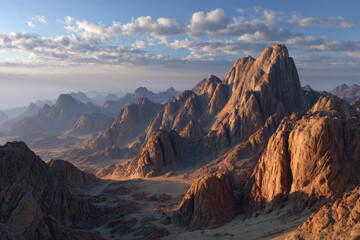 Naklejka premium Majestic mountain landscape showcasing rugged peaks and valleys under a vibrant sky, illuminated by warm sunlight, creating a breathtaking natural scenery with dramatic textures