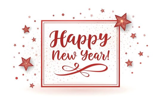 Happy new year greeting card with red stars isolated on white background - Powered by Adobe