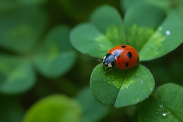 a ladybug sitting on a leaf with water droplets