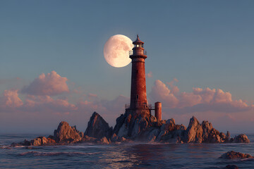 a lighthouse on a rocky island with a full moon in the background