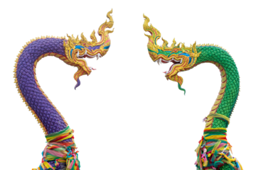 Green Naga and Purple Naga statue with intricate golden details, Isolated on transparent background