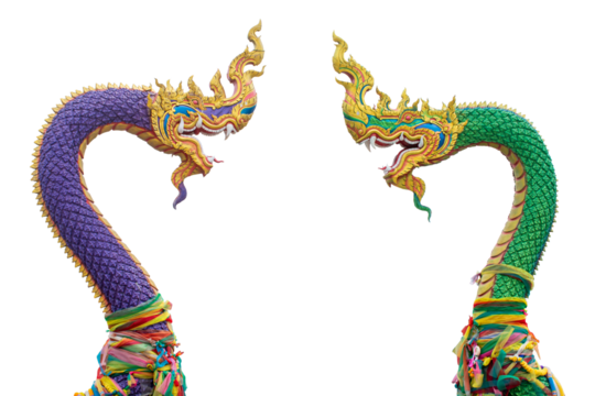 Green Naga and Purple Naga statue with intricate golden details, Isolated on transparent background