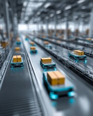 Modern logistics warehouse with autonomous robots moving packages symbolizing smart industry and efficiency.