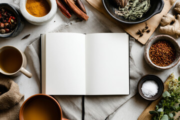 Open blank notebook surrounded by various spices, herbs, and tea cups on a rustic table, creating a warm and inviting atmosphere for culinary creativity