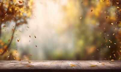 Empty rustic wooden table with falling autumn leaves for product display.