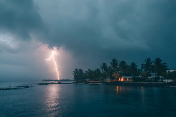 a lightning bolt is seen over a body of water