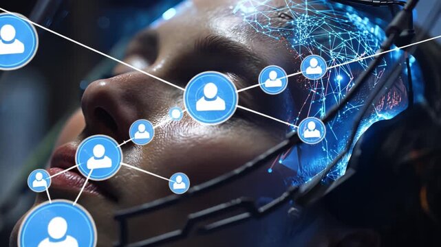 Human Network Connection: Close-up of person with connection, social network, and user interface. Focus on collaboration, innovation, and unity.