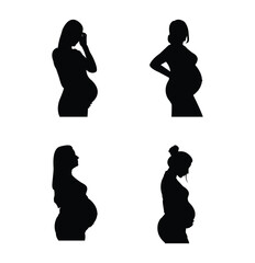 Pregnant woman silhouette, maternity profile vector, expecting mother clipart, side view pregnancy icons .  Future mom. Big set. eps 10