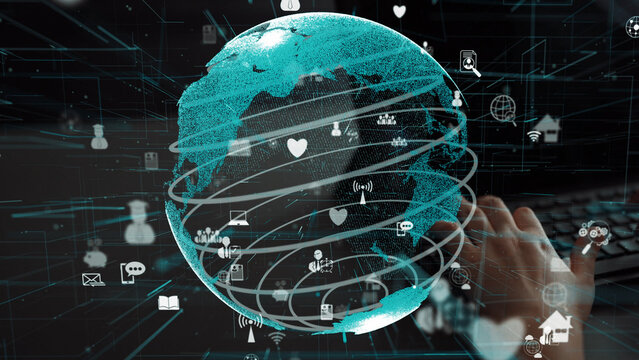 This vibrant digital artwork showcases a globe surrounded by technology icons, highlighting the interconnected nature of modern communication and global interaction. Xenic - Powered by Adobe