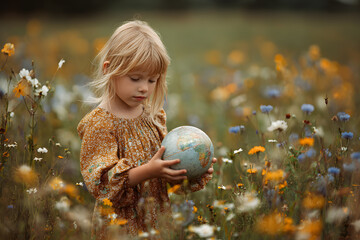a little girl holding a globe in a field of flowers