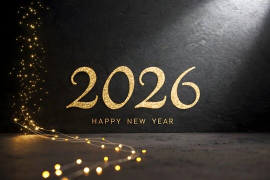 Happy new year 2026 with golden glitter numbers on dark background