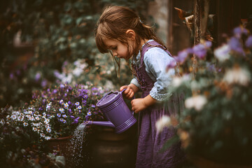 a little girl watering flowers in a garden