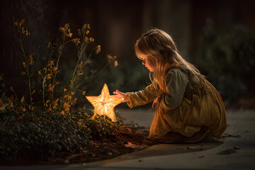 a little girl kneeling down and touching a star