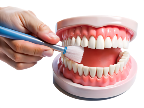 Close up of a hand demonstrating proper brushing technique on a dental model isolated on white background ,PNG. AI Generated