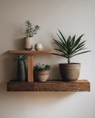Minimal shelf with indoor plants and wooden decor symbolizing calm, eco-friendly living.