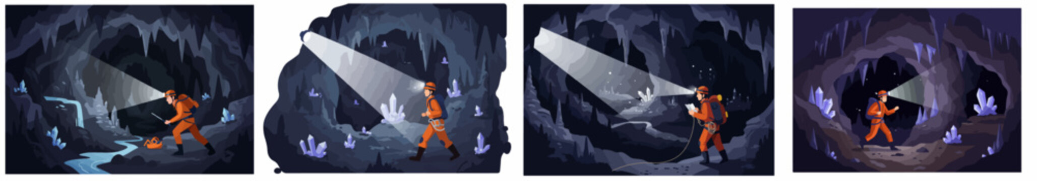 Four scenes of cave exploration, featuring a speleologist finding glowing crystals, underground streams, and geological formations in dark caverns.
