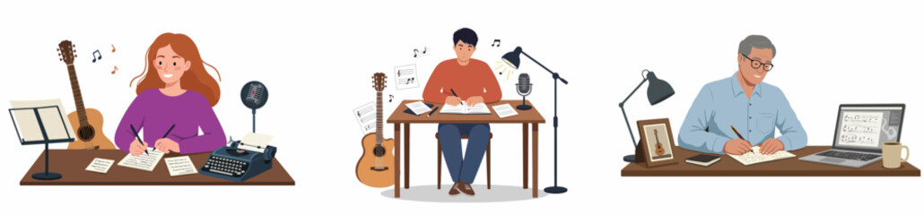 Set of musicians and composers writing songs, displaying the creative process of music production using traditional and modern tools.