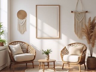 Boho living room interior with empty frame mockup and natural rattan furniture