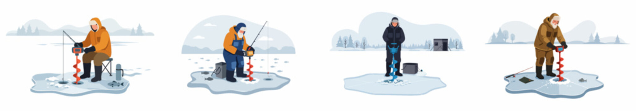 A set of vector illustrations depicting people engaging in winter ice fishing, using rods and specialized augers to drill holes in frozen lakes.