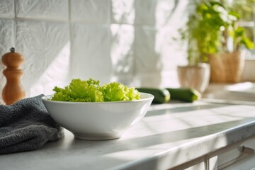 Bright kitchen counter with salad bowl symbolizing clean eating and healthy living.