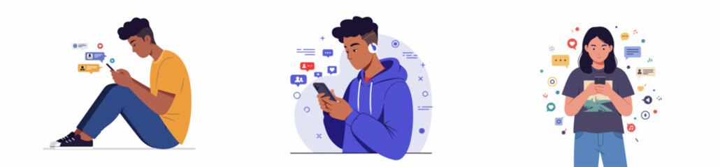 Modern Youth Using Smartphones for Social Media and Digital Communication, Surrounded by Chat Bubbles and Notification Icons