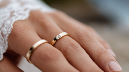 Elegant wedding concept featuring gold wedding rings on open hands with soft light and blurred background, symbolizing love, togetherness, and everlasting emotional bond.